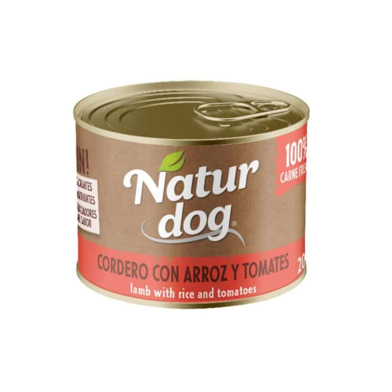 NaturDog Cordero, Arroz y Tomate 200 g es una comida húmeda natural sin aditivos, ideal para perros con alergias o digestión sensible. Monoproteica y altamente digestible.