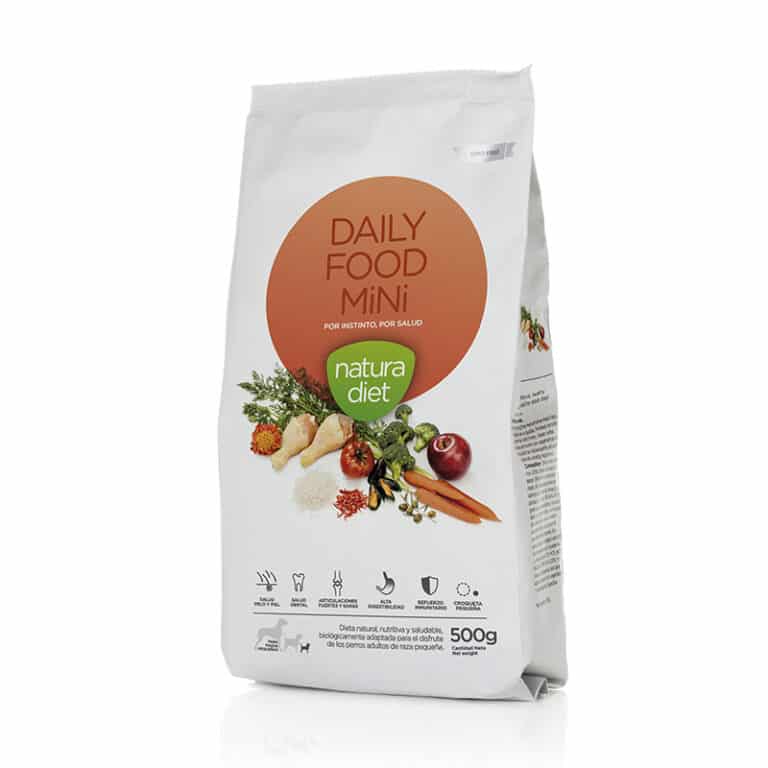 Compra Natura Diet Daily Food Mini 500 gr, alimento completo y natural para perros de raza pequeña. Con pollo, arroz, aceites funcionales, prebióticos y soporte articular.