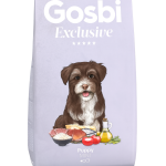 Saco de pienso Gosbi Exclusive Puppy Mini 2 kg para cachorros de razas pequeñas, con ilustración de un perro y ingredientes naturales en el frontal.