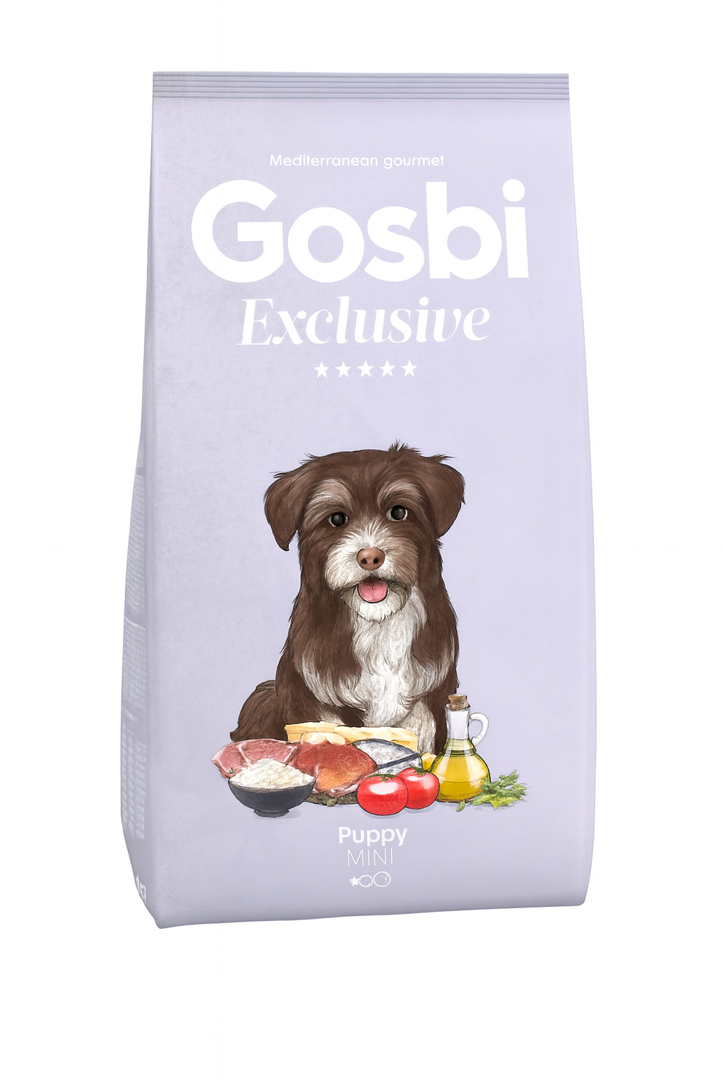 gosbi-exclusive-puppy-mini-2kg Saco de pienso Gosbi Exclusive Puppy Mini 2 kg para cachorros de razas pequeñas, con ilustración de un perro y ingredientes naturales en el frontal.
