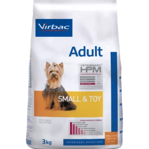 Virbac Adult Dog Small & Toy 3 kg es un alimento concentrado diseñado para perros adultos de raza pequeña. Favorece su salud general con nutrición adaptada y alta palatabilidad.