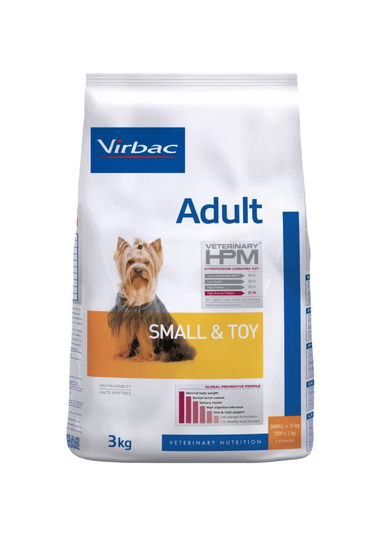 Virbac Adult Dog Small & Toy 3 kg es un alimento concentrado diseñado para perros adultos de raza pequeña. Favorece su salud general con nutrición adaptada y alta palatabilidad.