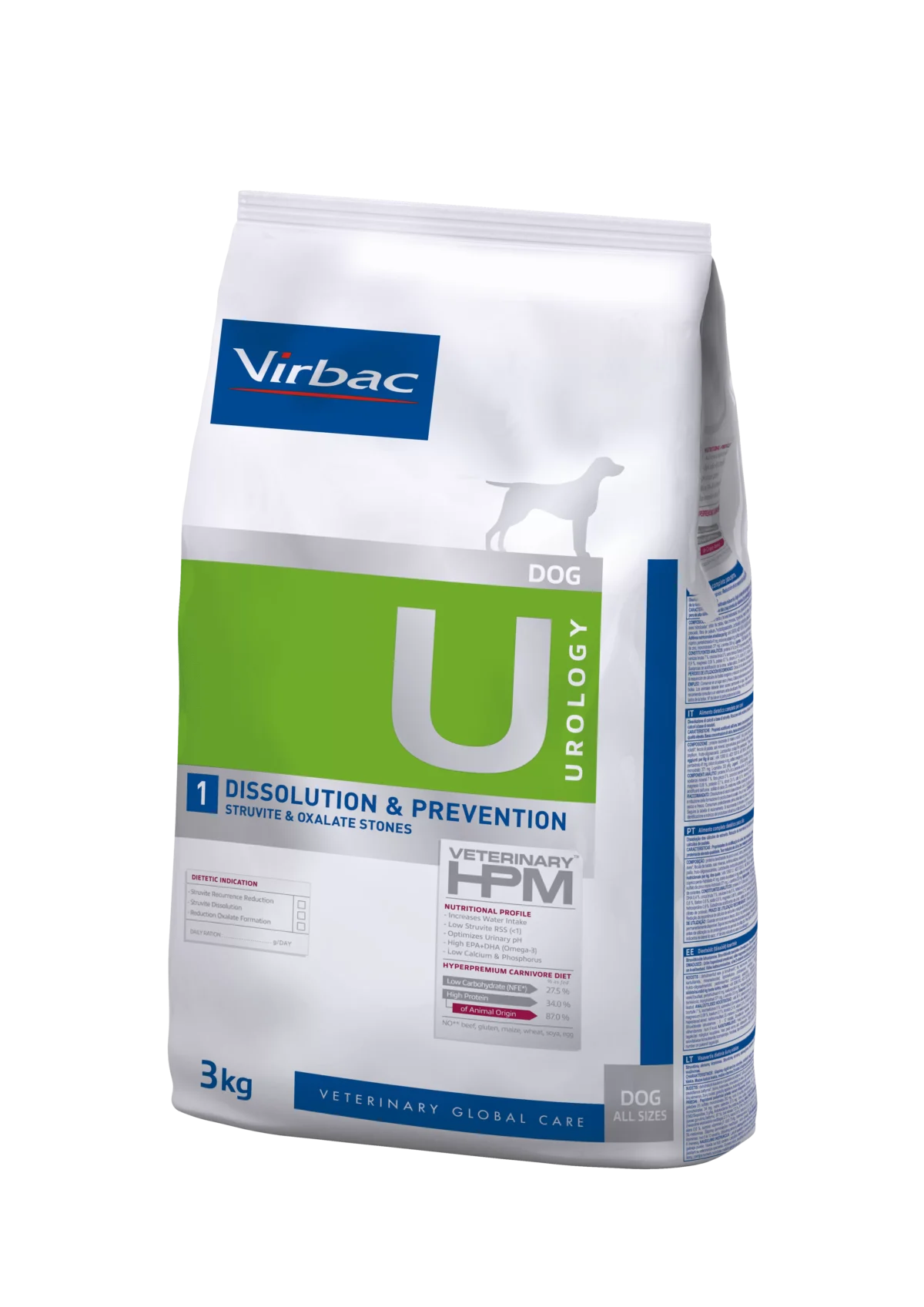 3D_VET-HPM-Dog-Urology-Dissolution_Prevention-3Kg_DROITE Virbac Urology Dissolution & Prevention 3 kg es un pienso clínico para perros que disuelve cálculos de estruvita y previene la formación de oxalato. Nutrición avanzada para salud urinaria.
