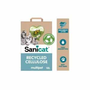 Sanicat Multipet 20L de celulosa reciclada. Lecho vegetal, suave y absorbente para gatos, aves y pequeños mamíferos. Alternativa ecológica y sostenible.