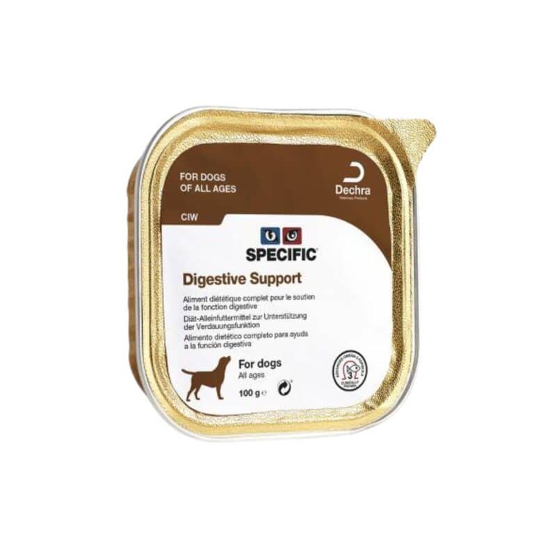 Specific CIW Digestive Support Lata 100g es una dieta húmeda de prescripción veterinaria para perros de todas las edades, formulada para apoyar el tratamiento de trastornos digestivos, como la maladigestión y la insuficiencia pancreática exocrina, proporcionando al mismo tiempo beneficios adicionales para su salud general.