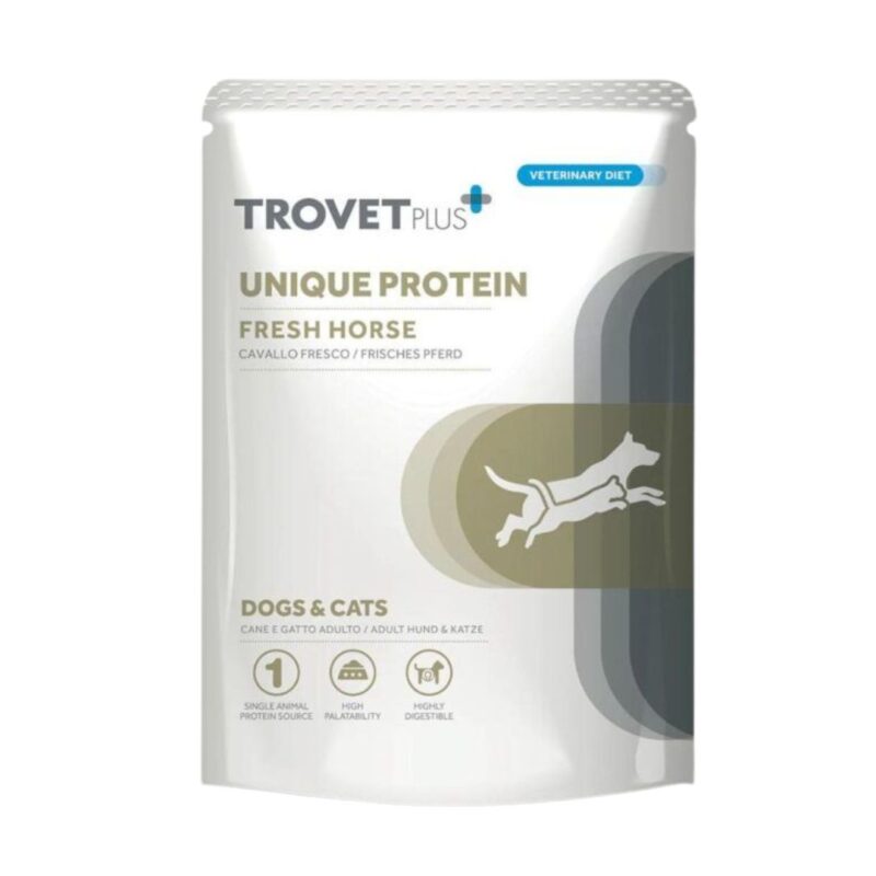 Descubre Trovetplus Unique Protein Caballo, un alimento húmedo hipoalergénico para perros adultos. Con carne fresca de caballo, es ideal para dietas de eliminación y mascotas con sensibilidad alimentaria.