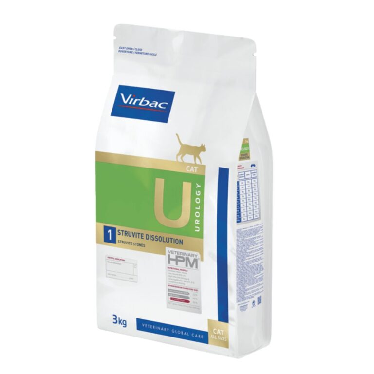 Veterinary HPM Urology U1 para gatos disuelve cálculos de estruvita en 5 a 12 semanas. Acidifica la orina, aumenta el consumo de agua y protege el sistema urinario con omega-3 y quelantes.